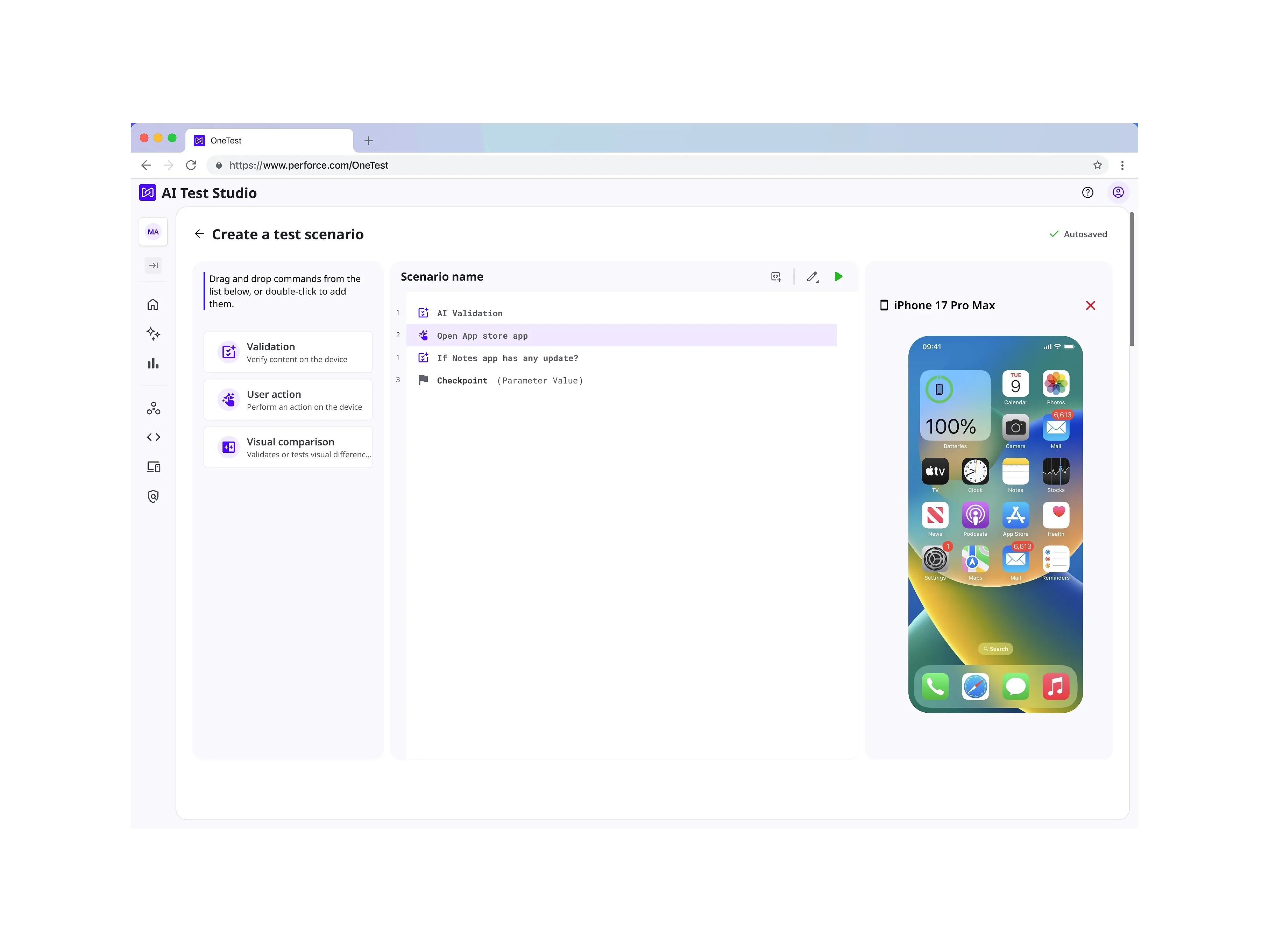 The scenario editor. A rail of draggable commands on the left, a centre column of test steps written as plain sentences: open the App Store app, then check whether the Notes app has an update, then a checkpoint on a parameter value. On the right, a live preview of the app running on an iPhone 17 Pro Max.
