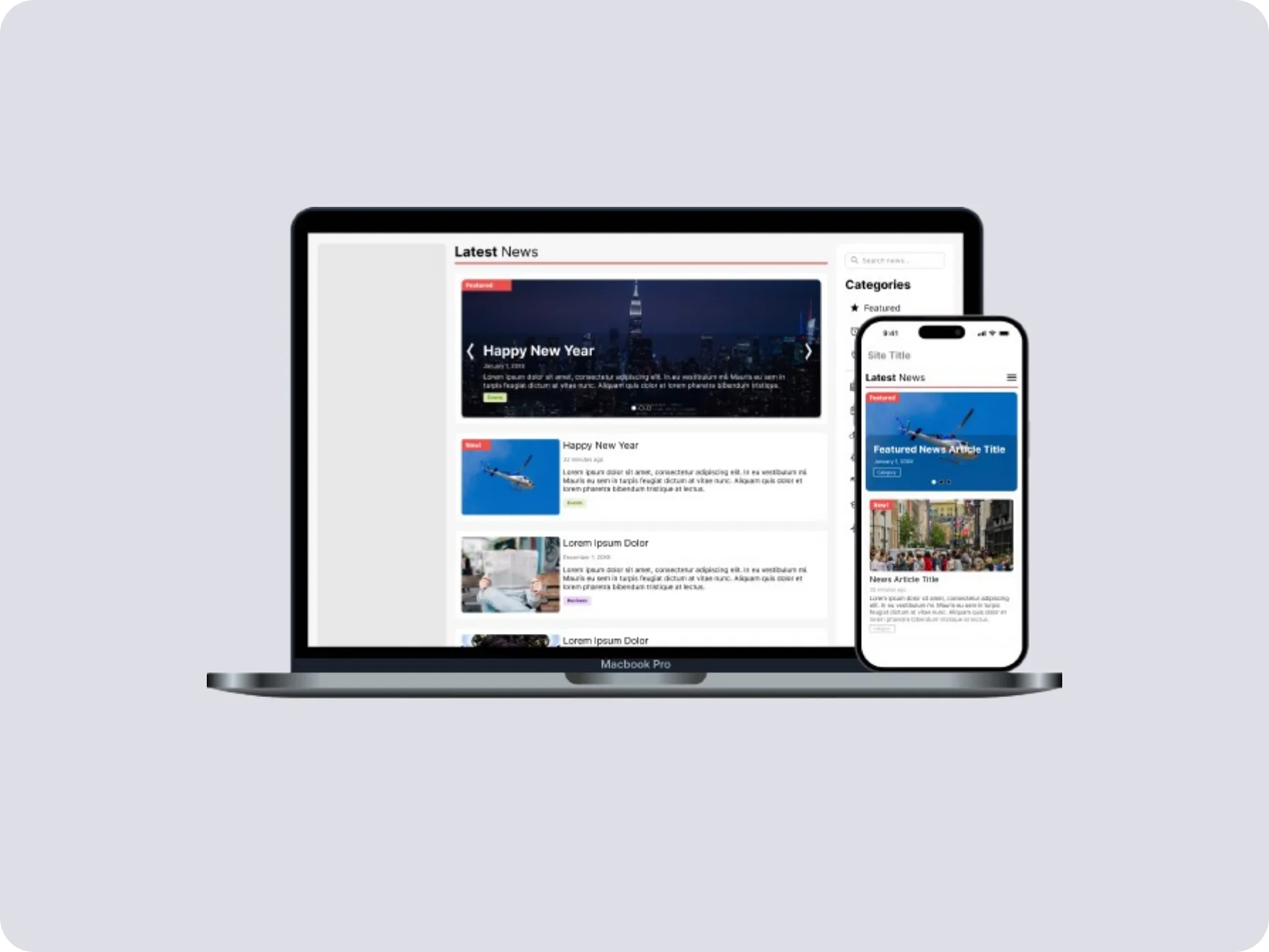 The shipped News Module on a laptop and a phone. A featured-news slider sits at the top of the page above a plain list of articles, and a Categories panel with a search field sits on the right of the desktop view.