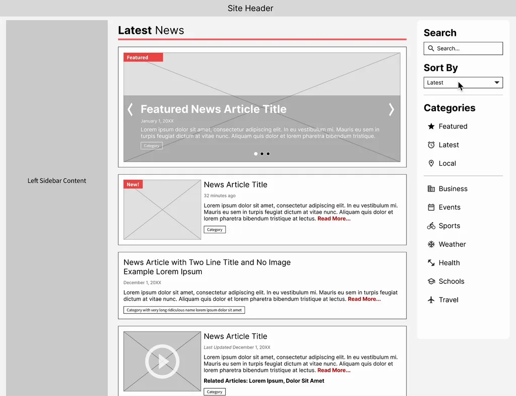 A clickable wireframe prototype with the sort-by dropdown open over the news list, showing Latest, Oldest, Title, Author and Other as sort options.