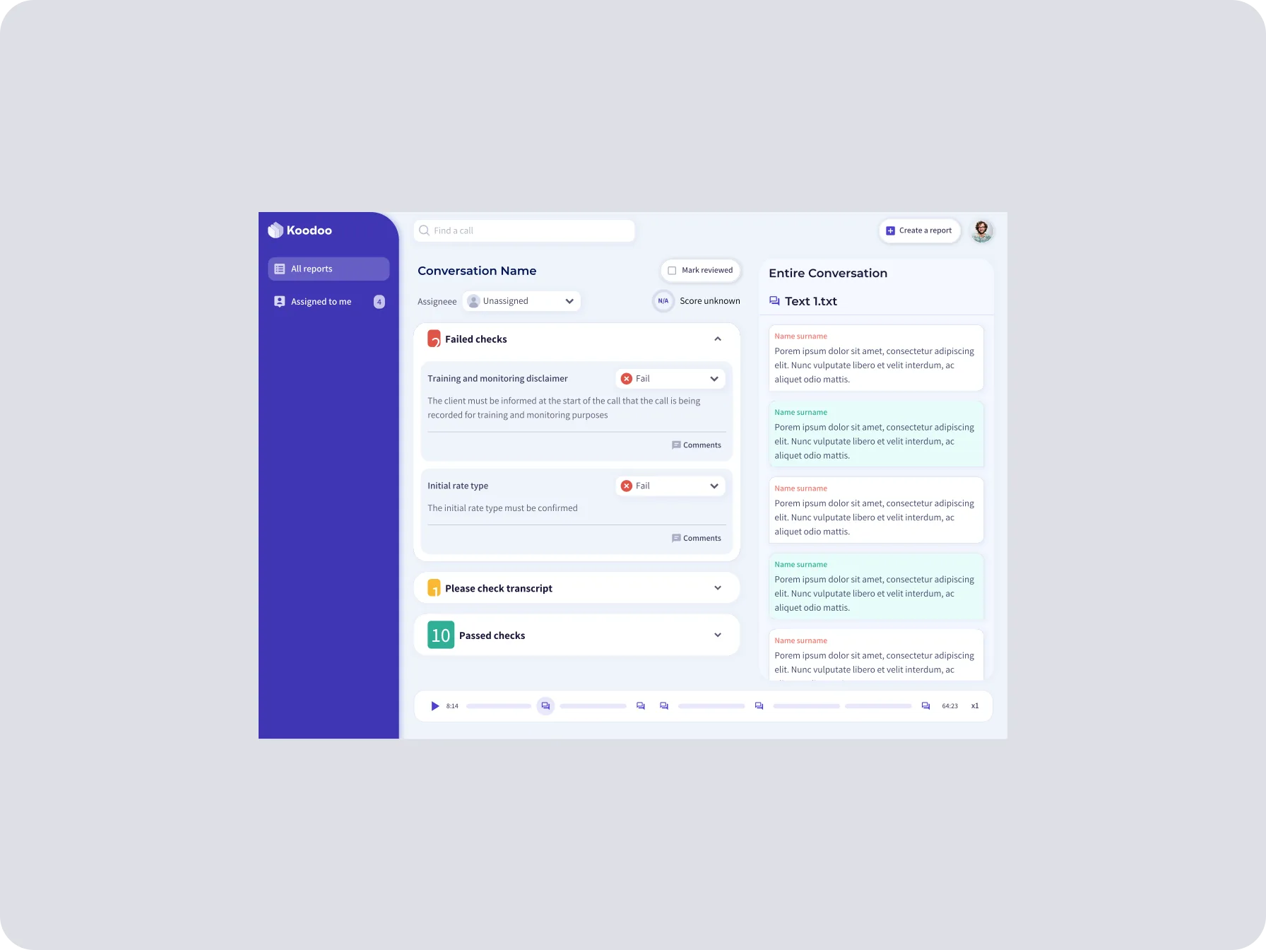 Koodoo Evaluate's report page. A conversation named 'Conversation Name' with two failed compliance checks on the left — a training and monitoring disclaimer, and an initial rate type — each collapsible with a comments thread, and the entire conversation transcript on the right with an audio scrubber pinned along the bottom.