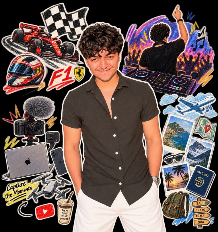Illustrated portrait of Ritwik Bisht, surrounded by motifs for Formula 1, DJing, content creation and travel