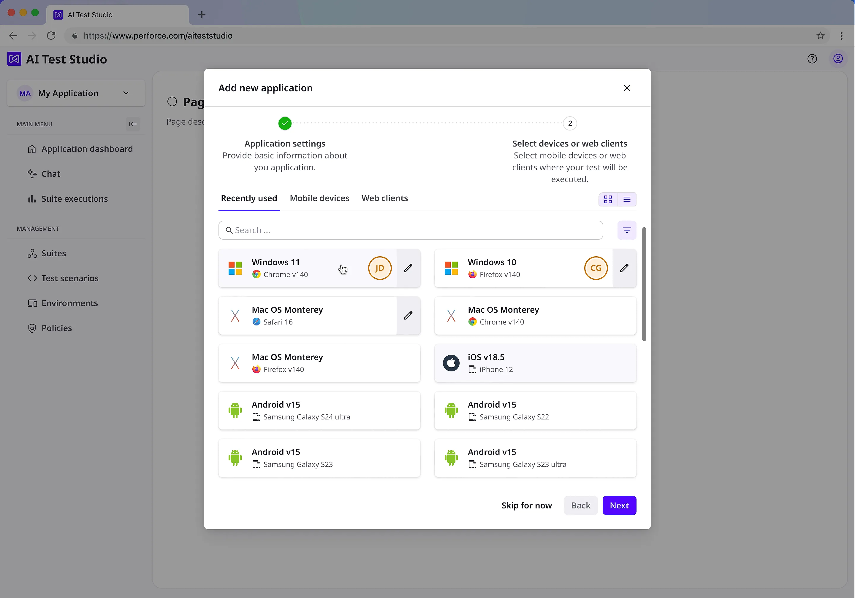 The second step of adding an application: selecting devices or web clients. A grid of recently used targets shows Windows 11 with Chrome, Windows 10 with Firefox, macOS Monterey with Safari, Chrome and Firefox, iOS 18.5 on iPhone 12, and Android 15 on four Samsung Galaxy models.