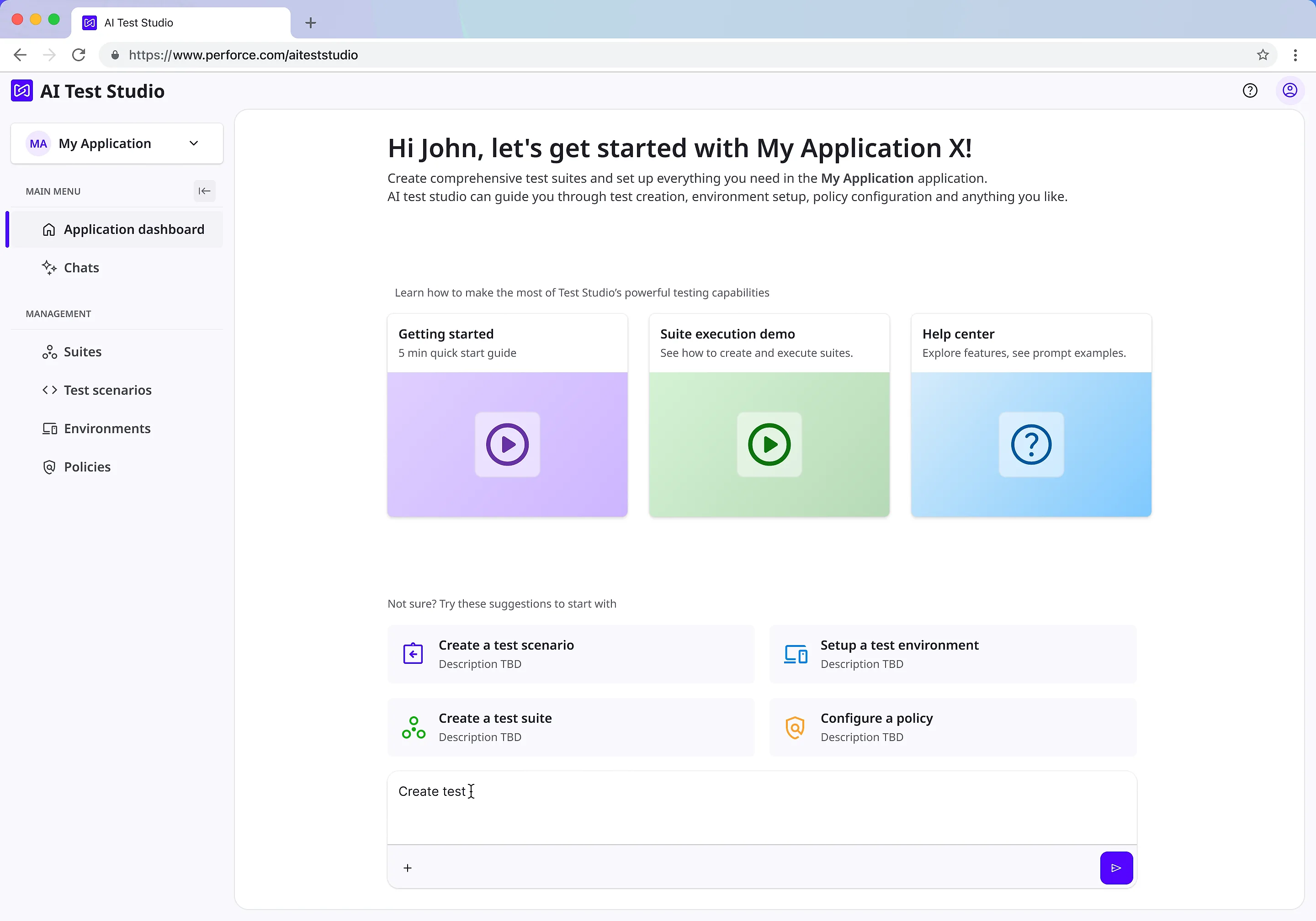 The same dashboard for a brand new user. In place of the counters: a welcome heading, three video cards for getting started, a suite execution demo and the help centre, and four suggested first actions including creating a test scenario and setting up a test environment.