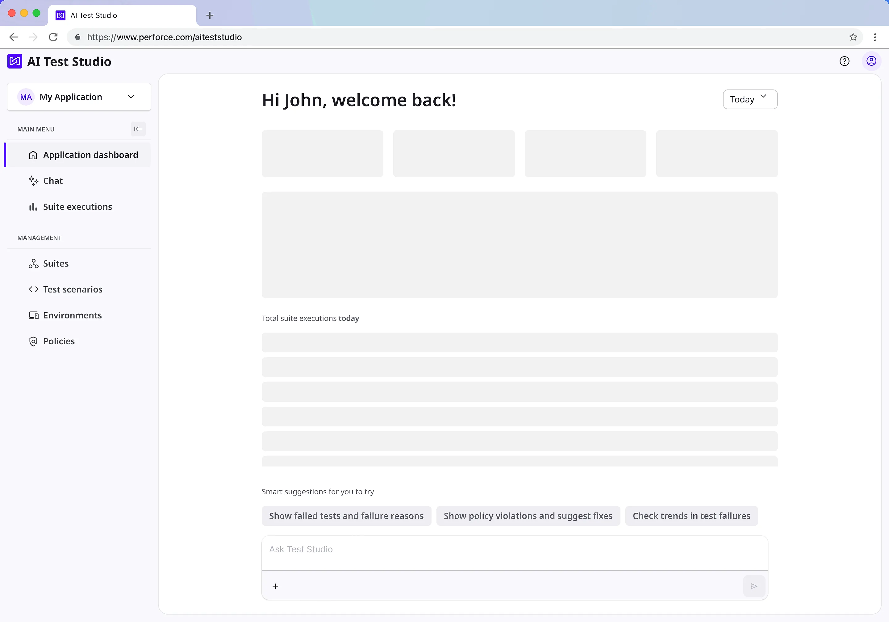 The dashboard while loading. Four grey blocks stand in for the counters and a stack of grey bars for the execution list, while the suggested prompts and the ask box below are already interactive.