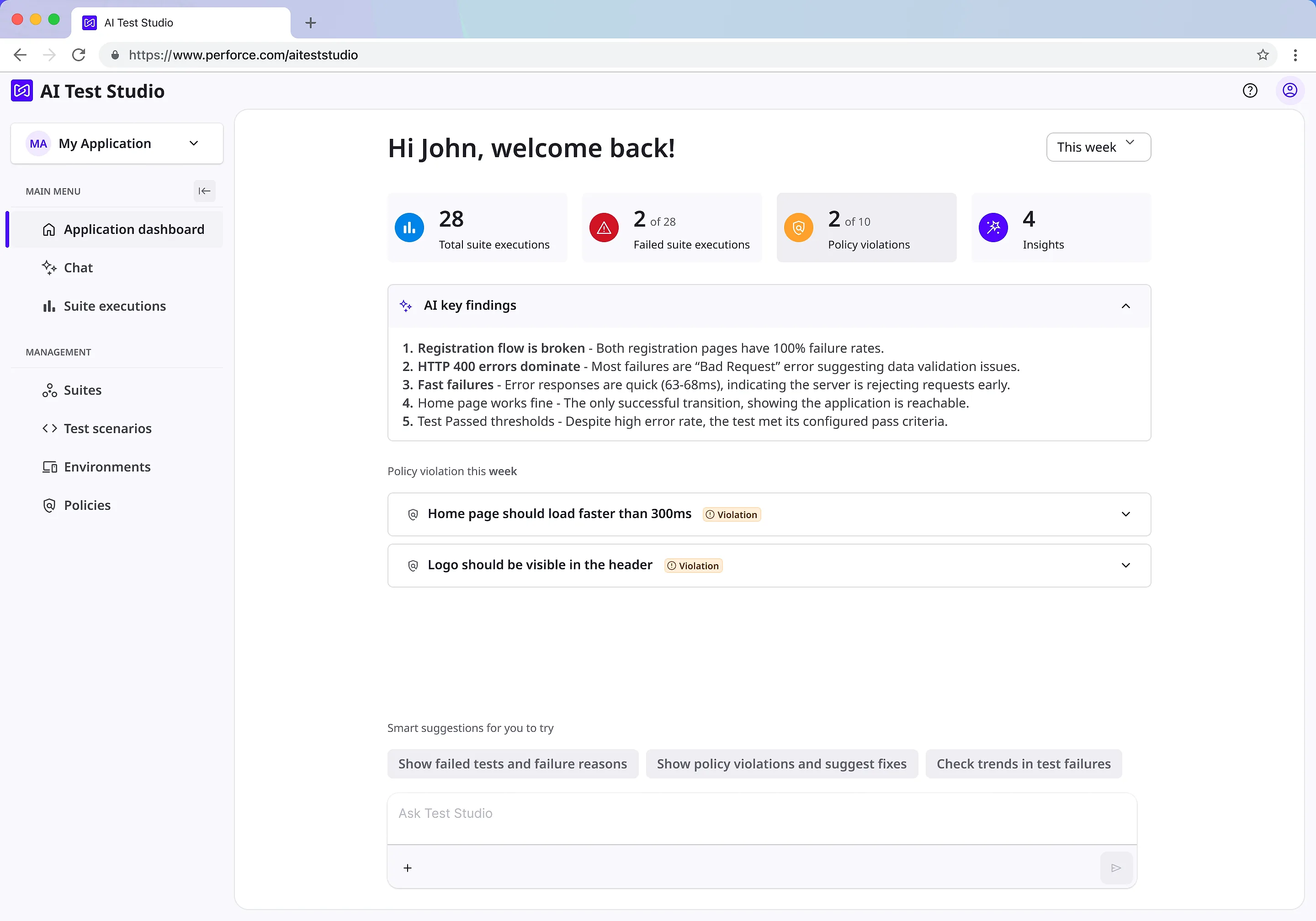 The dashboard's policy violations, each rendered as an expandable row rather than a paragraph.