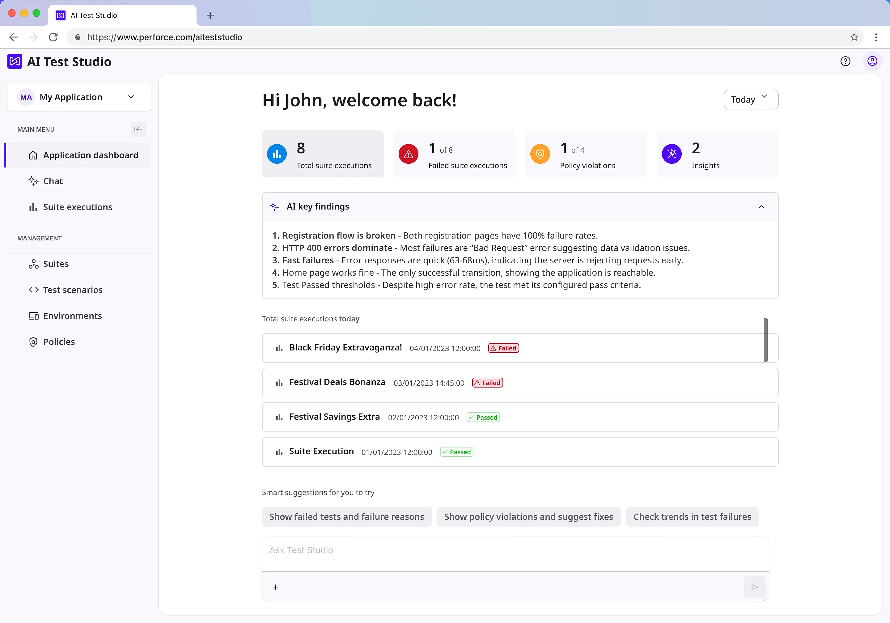 The dashboard for a returning user: four counters for total suite executions, failed executions, policy violations and insights; an AI key findings panel; today's suite executions with pass and fail badges; and an ask box at the bottom with suggested prompts above it.