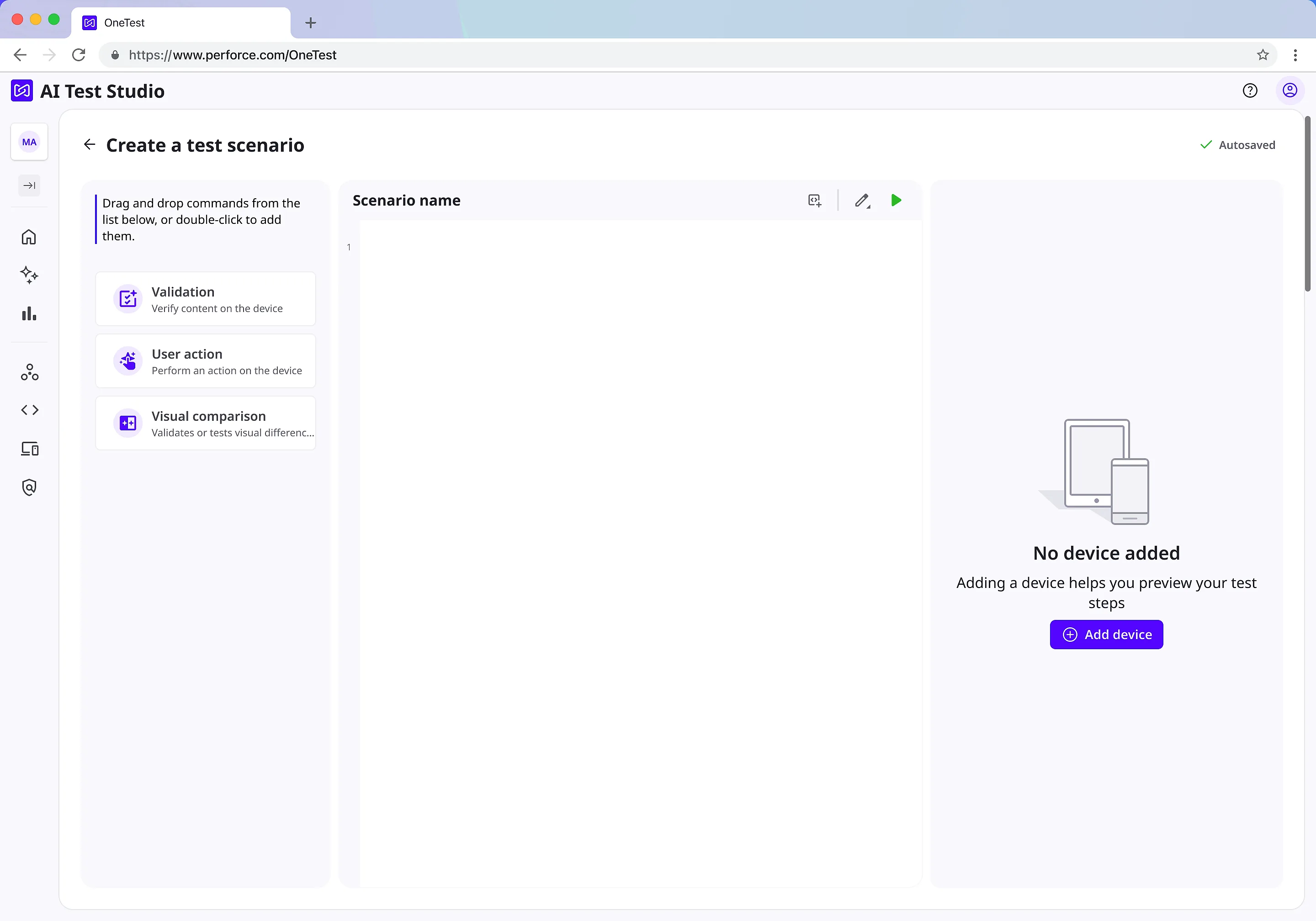 A new, empty test scenario. The command rail offers three kinds of step: validation, user action and visual comparison. The preview panel reads 'No device added' with a button to add one.