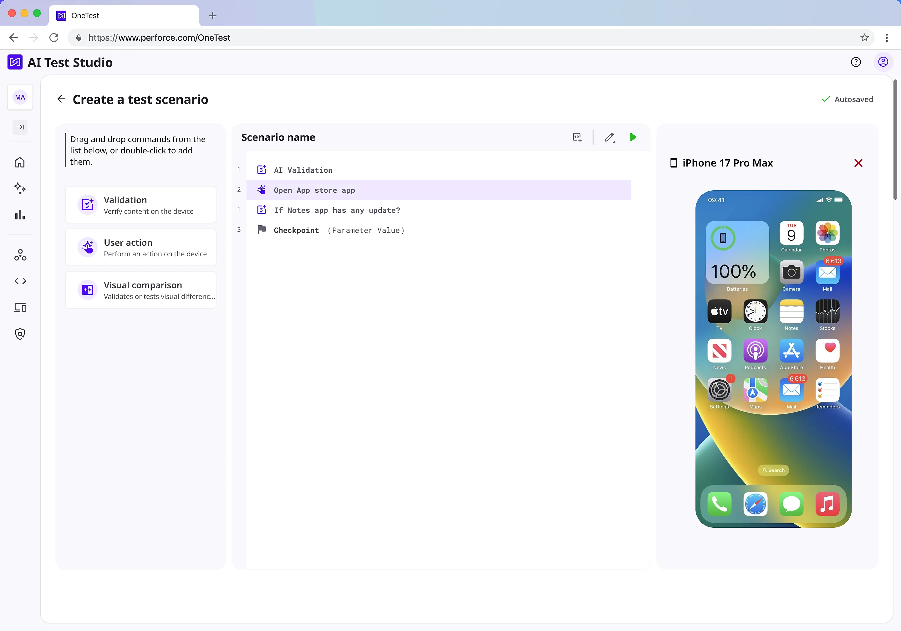 The scenario editor. A rail of draggable commands on the left, a centre column of test steps written as plain sentences: open the App Store app, then check whether the Notes app has an update, then a checkpoint on a parameter value. On the right, a live preview of the app running on an iPhone 17 Pro Max.