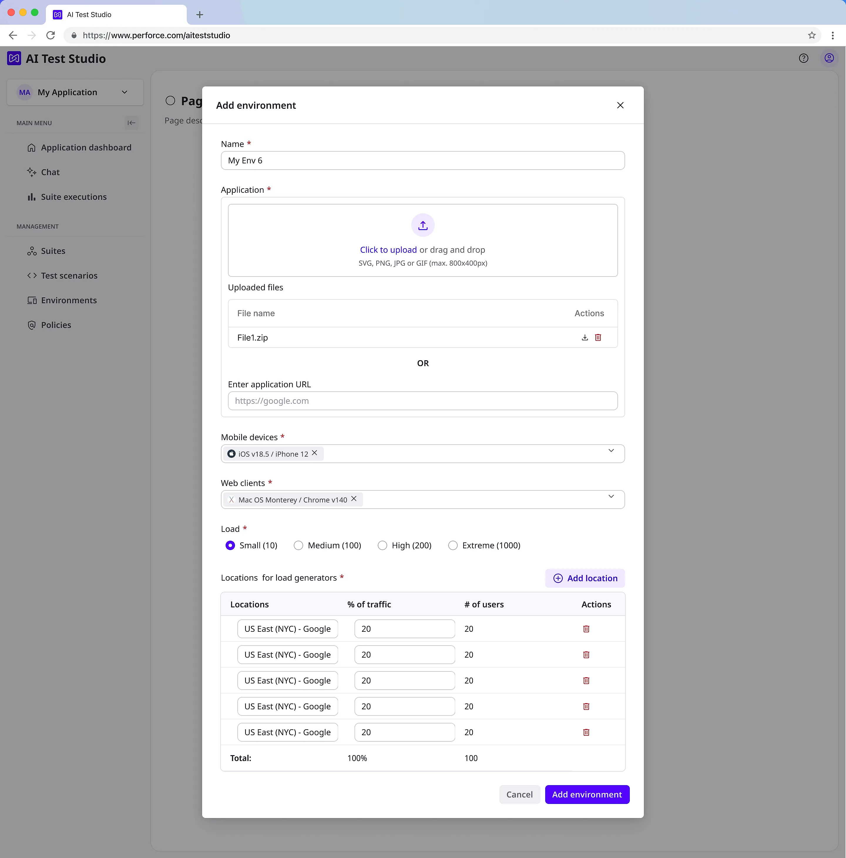 The add environment dialog: a name, the application supplied as an uploaded file or a URL, mobile devices and web clients as token fields, a load level of small, medium, high or extreme, and a table of load generator locations with percentage of traffic and number of users, totalling one hundred percent.