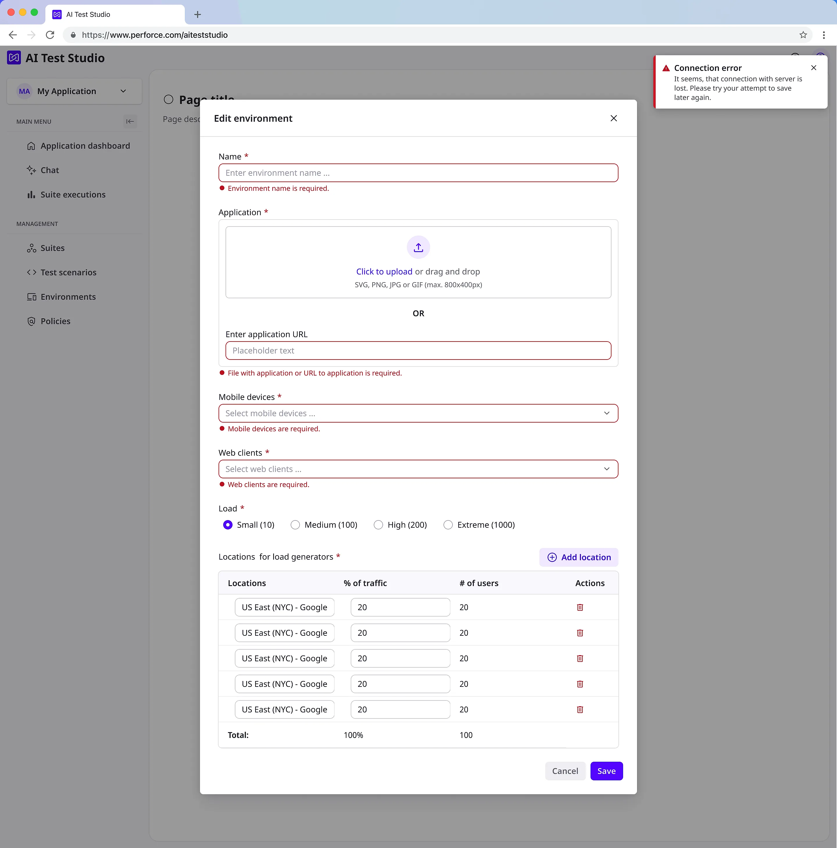 The edit environment dialog with every required field in error: name, application, mobile devices and web clients each carry a red message naming what is missing. A connection error toast in the top right reports that the connection with the server was lost and asks the user to try saving later.