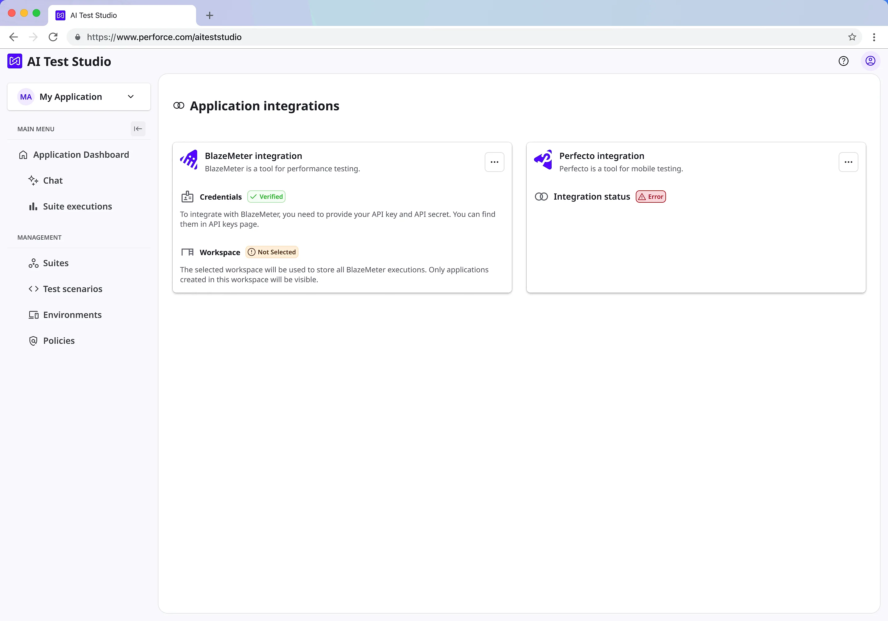 The application integrations page. The BlazeMeter card shows verified credentials but a workspace that has not been selected yet. The Perfecto card beside it shows an integration status of error.