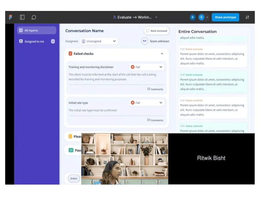 A usability-testing session in progress: the Figma prototype of Evaluate's report page under a browser toolbar reading 'Evaluate → Working file' and a Share prototype button, with a video-call window open in the corner.