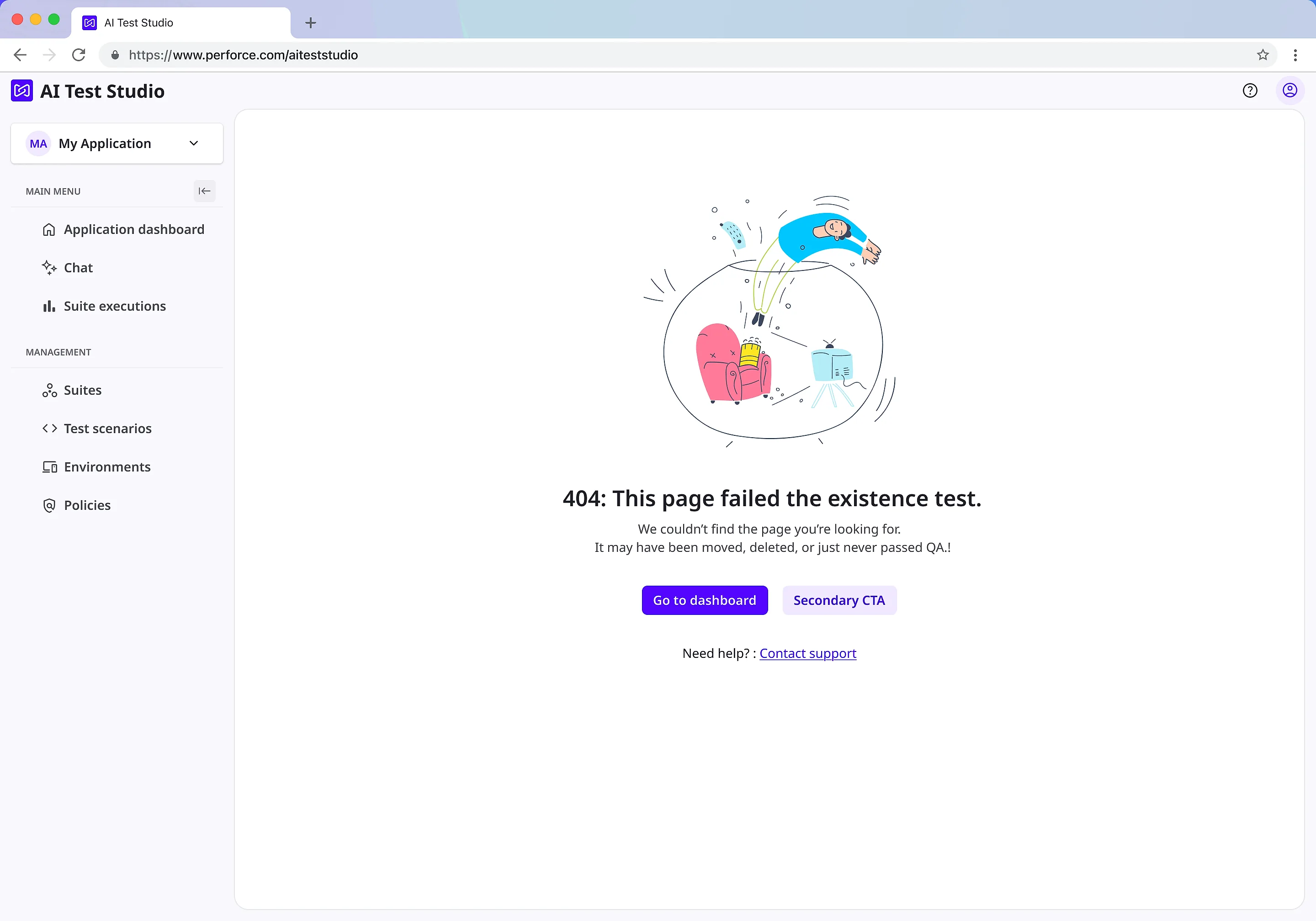 A 404 page. An illustration of a person asleep on a sofa sits above the line '404: This page failed the existence test', with the note that the page may have been moved, deleted, or just never passed QA, a button back to the dashboard, and a contact support link.