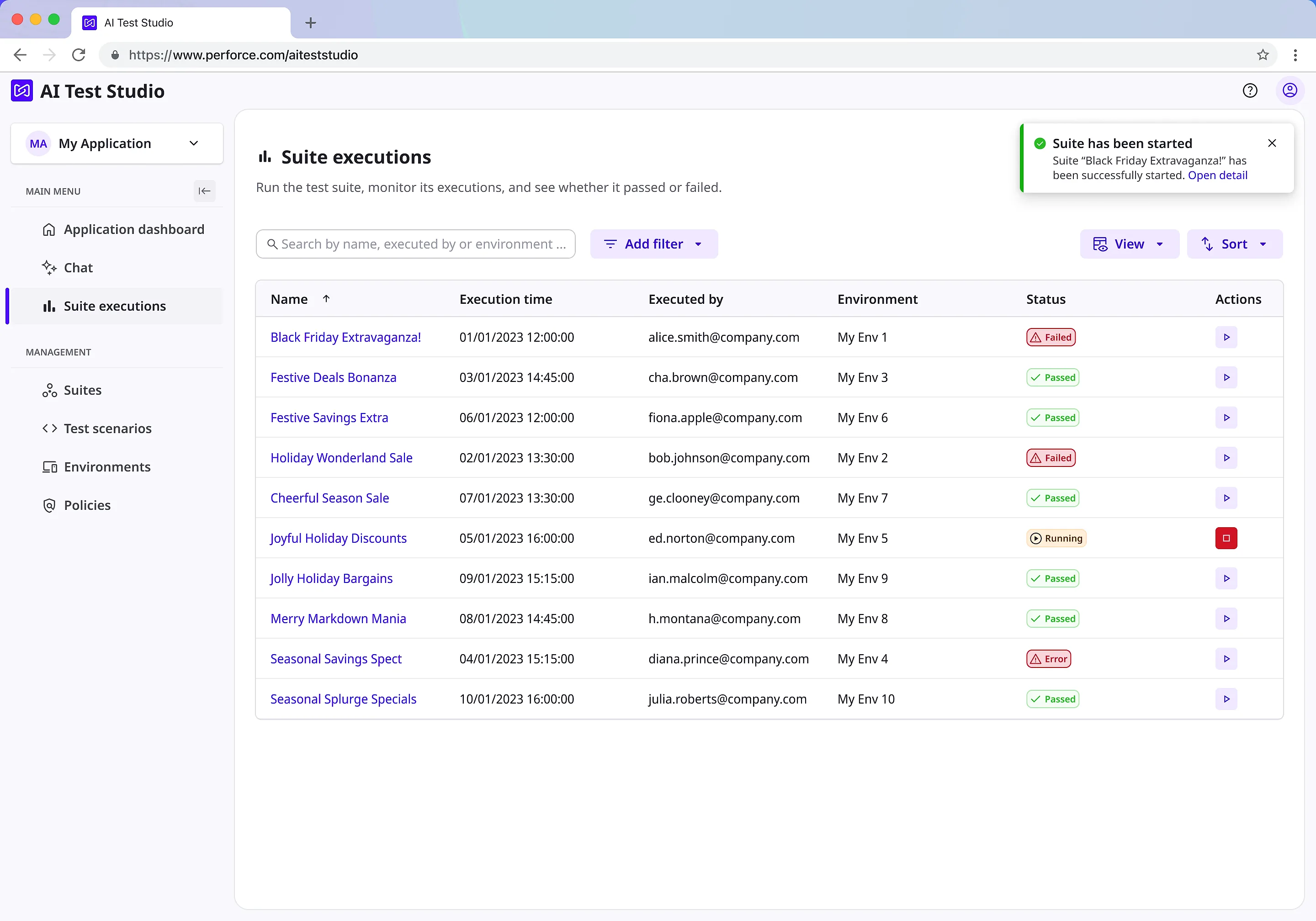 The suite executions table: eleven runs listed with execution time, who ran them, environment and pass or fail status. A toast in the top right confirms a suite has started and offers a link to open its detail.