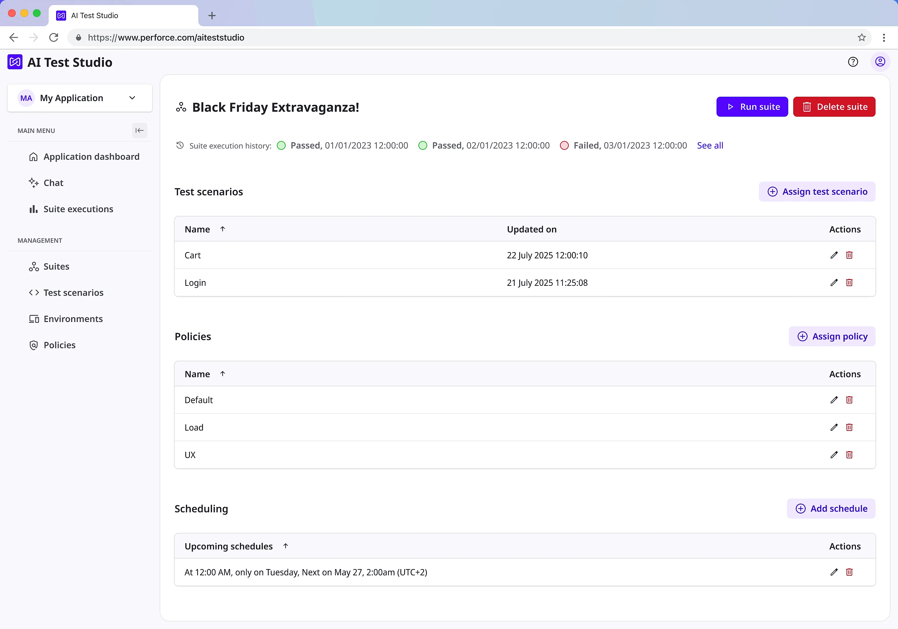 A test suite page. Execution history along the top shows two passes and one failure. Below it, three tables: test scenarios, assigned policies named Default, Load and UX, and a schedule set to run every Tuesday at midnight.